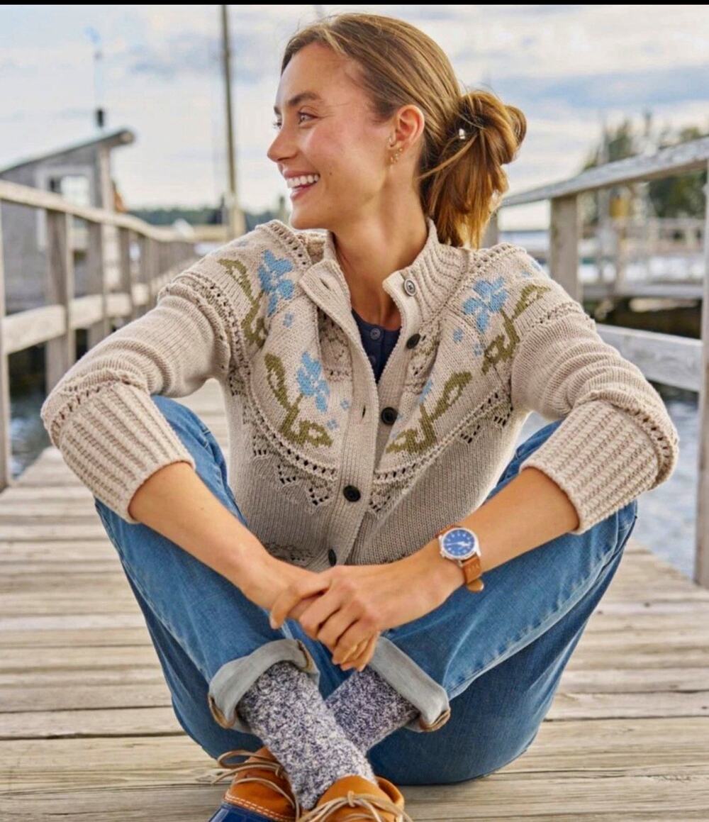 L.L.Bean Signature PS Petite Beige Floral Cable-Knit Button-Front Cardigan XSP